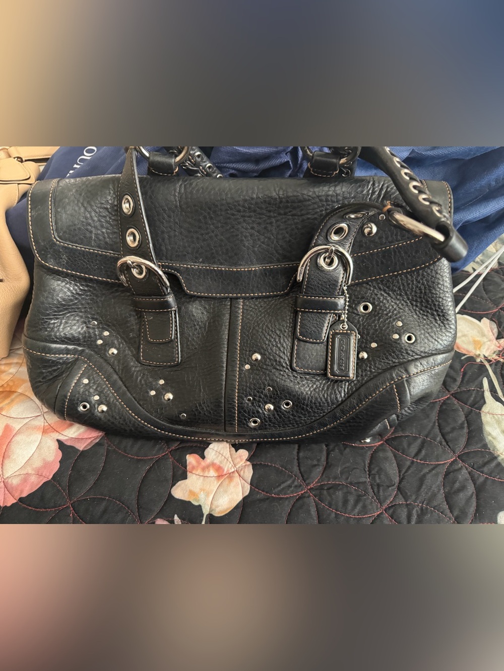 Coach Black Pebbled Leather Studded Hobo Bag